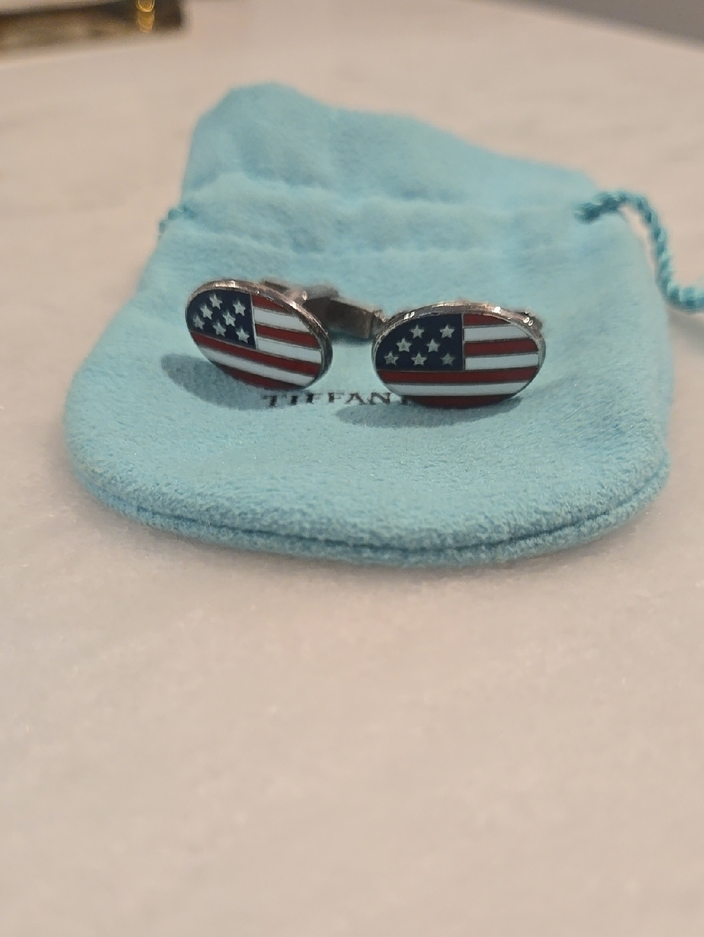 Tiffany & Co. Oval American Flag Cufflinks  925 Silver and Enamel